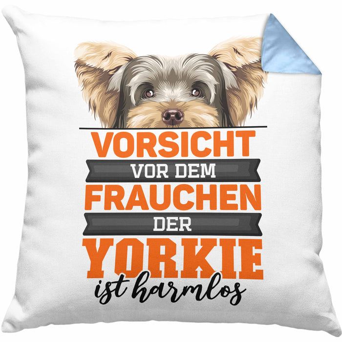 Yorkie-Besitzer Geschenk Kissen mit Füllung 40x40 Hund Yorkie Liebhaber Geschenkidee Vorsicht Vor Dem Frauchen Der Yorkie Ist Harmlos (Grau) Blau Trendation
