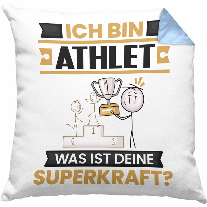 Athlet Kissen mit Füllung 40x40 Geschenk für Athlet Geburtstag Lustiger Spruch Was Ist Deine Superkraft (Grau) Blau Trendation