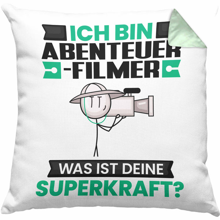 Abenteuerfilmer Kissen mit Füllung 40x40 Geschenk für Abenteuerfilmer Geburtstag Lustiger Spruch Was Ist Deine Superkraft (Grau) Grün Trendation