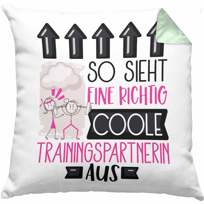 Trainingspartnerin Geschenk Kissen mit Füllung 40x40 Lustig Geschenkidee für Trainingspartnerin Geburtstag So Sieht Eine Richtig Coole Trainingspartnerin Aus Frauen Spruch (Grau) Grün Trendation