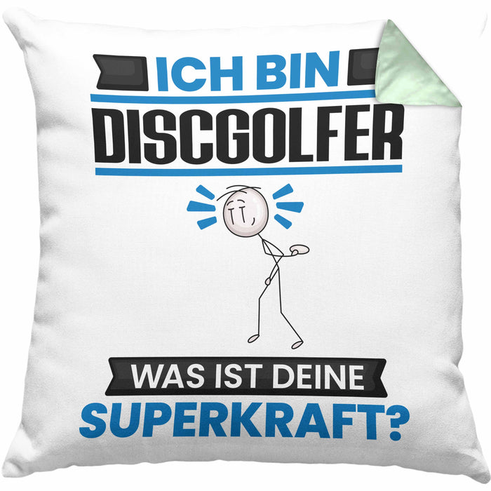 Discgolfer Kissen mit Füllung 40x40 Geschenk für Discgolfer Geburtstag Lustiger Spruch Was Ist Deine Superkraft (Grau) Grün Trendation