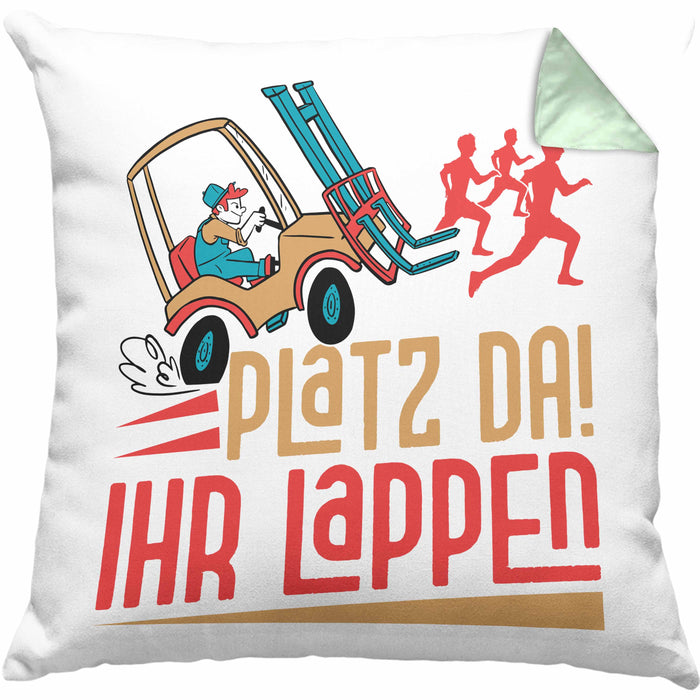 Gabelstapler Kissen mit Füllung 40x40 Geschenk Gabelstaplerfahrer Lagerist Geschenkidee Männer Platz Ihr Lappen Hupwagen Lager Geschenkidee (Grau) Grün Trendation