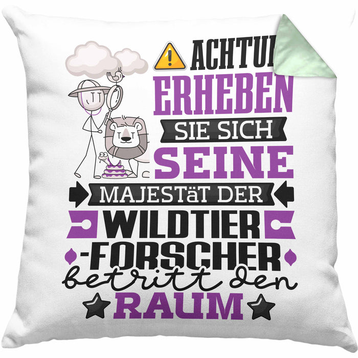 Wildtierforscher Geschenk Kissen mit Füllung 40x40 Lustiger Spruch Erheben Sie Sich Der Wildtierforscher Betritt den Raum (Grau) Grün Trendation