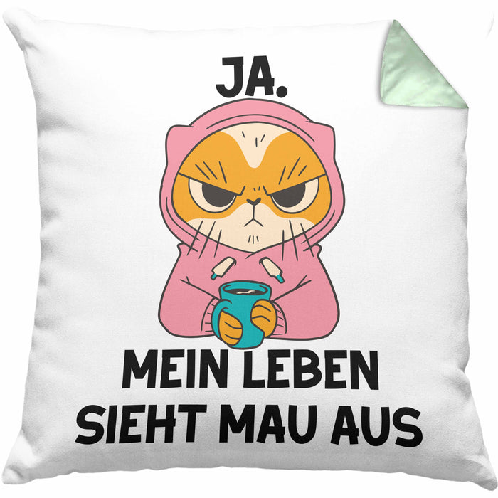 Dank Meme Kissen mit Füllung 40x40 Katzen Besitzer Wortspiel Ja Mein Leben Sieht Mau Aus Traurige Katze Geschenkidee Saure Katze Astronaut (Grau) Grün Trendation