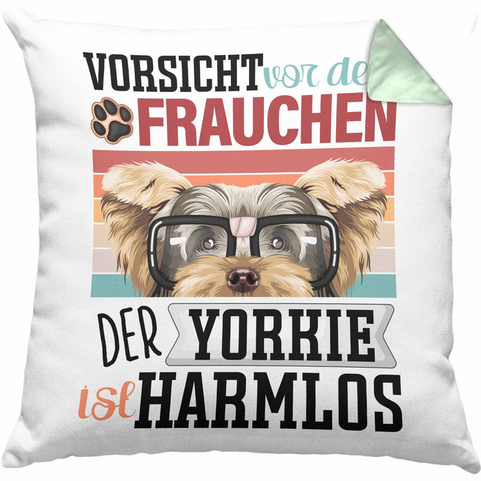Yorkie Besitzerin Frauchen Kissen mit Füllung 40x40 Geschenk Lustiger Spruch Geschenkidee Vorsicht Vor Dem Frauchen (Grau) Grün Trendation