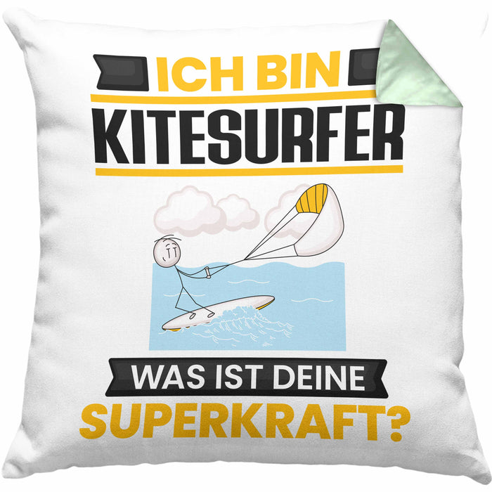 Kitesurfer Kissen mit Füllung 40x40 Geschenk für Kitesurfer Geburtstag Lustiger Spruch Was Ist Deine Superkraft (Grau) Grün Trendation
