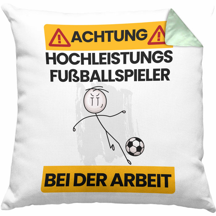 Fußballspieler Kissen mit Füllung 40x40 Geschenk Lustiger Spruch Geschenkidee für Fußballspieler Achtung Hochleistungs Fußballspieler Bei Der Arbeit (Grau) Grün Trendation