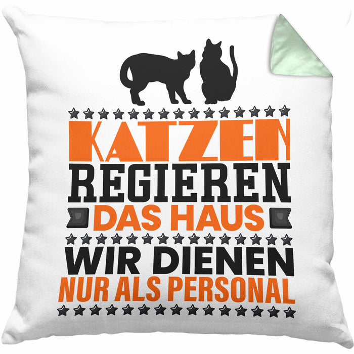 Katze Kissen mit Füllung 40x40 Geschenk Spruch Geschenkidee für Katzen-Mama Papa Katzenliebhaber Katzen Regieren Das Haus Wir Dienen Nur Als Personal (Grau) Grün Trendation