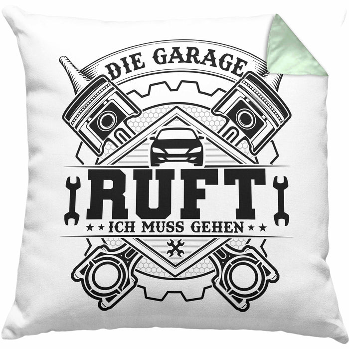 KFZ Mechaniker Kissen mit Füllung 40x40 Geschenk Spruch Männer KFZ Mechatroniker Geschenkidee Werkstatt Die Garage Ruft (Grau) Grün Trendation