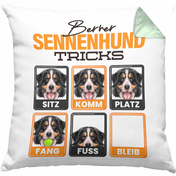 Berner Sennen Besitzer Kissen mit Füllung 40x40 Geschenk Lustiger Spruch Geschenkidee Berner Sennen Tricks Bleib (Grau) Grün Trendation