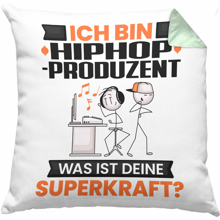 Hiphop-Produzent Kissen mit Füllung 40x40 Geschenk für Hiphop-Produzent Geburtstag Lustiger Spruch Was Ist Deine Superkraft (Grau) Grün Trendation