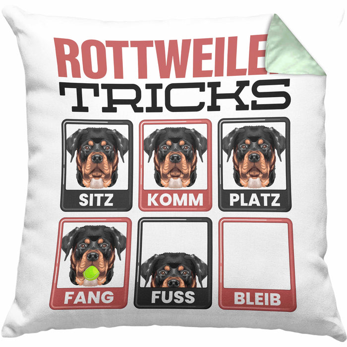 Rottweiler Besitzer Kissen mit Füllung 40x40 Geschenk Lustiger Spruch Geschenkidee Rottweiler Tricks Bleib (Grau) Grün Trendation