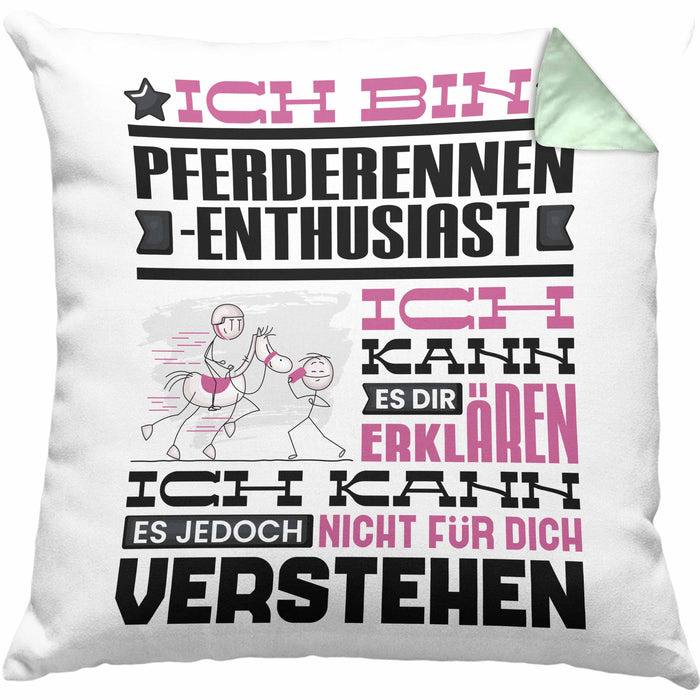 Pferderennen-Enthusiast Geschenk Kaffee-Kissen mit Füllung 40x40 Geschenkidee für Pferderennen-Enthusiast Ich Bin Pferderennen-Enthusiast Ich Kann Es Dir Erklären Jedoch Nicht Für Dich Verstehen Spruch Lustig (Grau) Grün Trendation