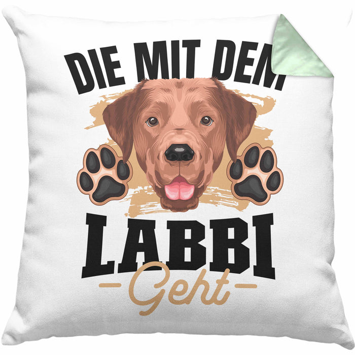 Die Mit Dem Labbi Geht Kissen mit Füllung 40x40 Gassi Gehen Labrador Besitzerin Geschenkidee Frauchen Geschenk (Grau) Grün Trendation
