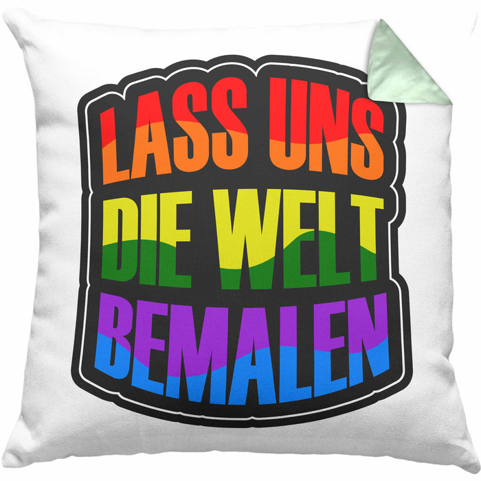 Geschenkidee LGBT Kissen mit Füllung 40x40 "Lass uns die Welt Bemalen" Regenbogenfarben (Grau) Grün Trendation