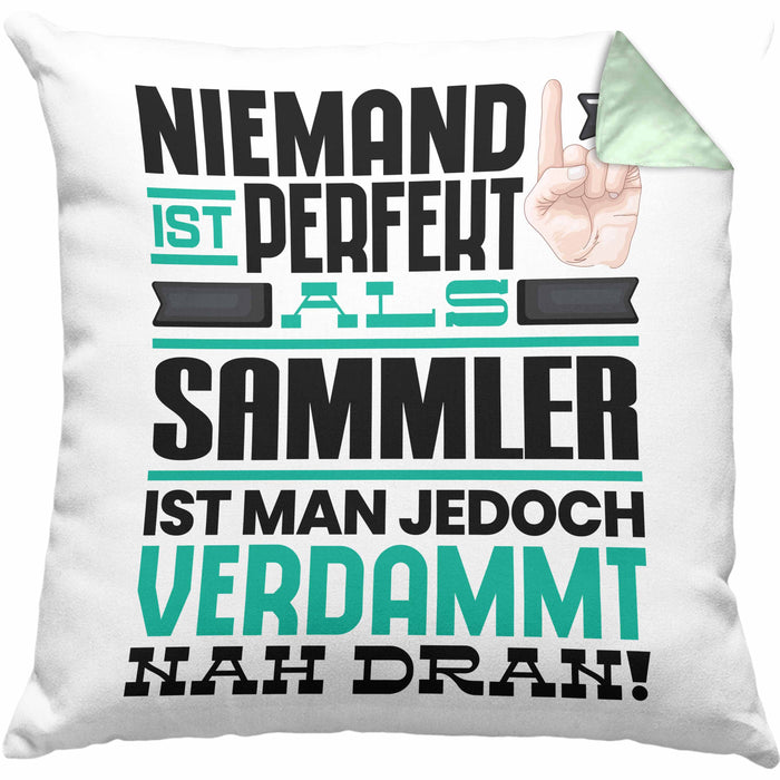 Sammler Geschenk Kissen mit Füllung 40x40 Lustige Geschenkidee für Sammler Geburtstag Niemand Ist Perfekt Aber Als Sammler Ist Man Nah Dran (Grau) Grün Trendation