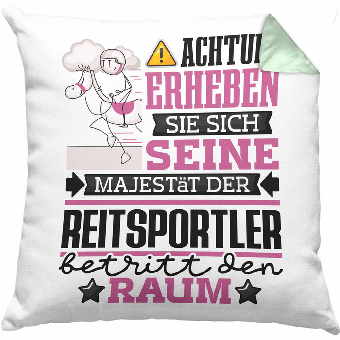 Reitsportler Geschenk Kissen mit Füllung 40x40 Lustiger Spruch Erheben Sie Sich Der Reitsportler Betritt den Raum (Grau) Grün Trendation