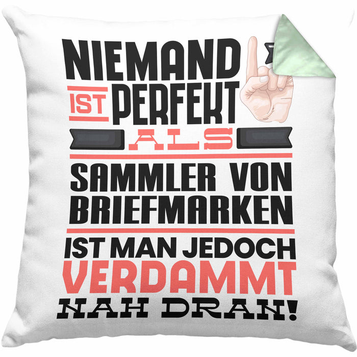 Sammler von Briefmarken Geschenk Kissen mit Füllung 40x40 Lustige Geschenkidee für Sammler von Briefmarken Geburtstag Niemand Ist Perfekt Aber Als Sammler von Briefmarken Ist Man Nah Dran (Grau) Grün Trendation