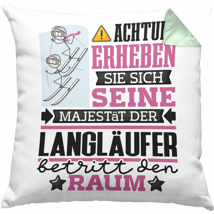 Langläufer Geschenk Kissen mit Füllung 40x40 Lustiger Spruch Erheben Sie Sich Der Langläufer Betritt den Raum (Grau) Grün Trendation