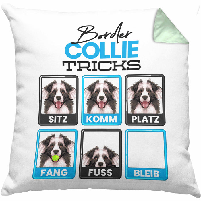 Border Collies Besitzer Kissen mit Füllung 40x40 Geschenk Lustiger Spruch Geschenkidee Border Collies Tricks Bleib (Grau) Grün Trendation