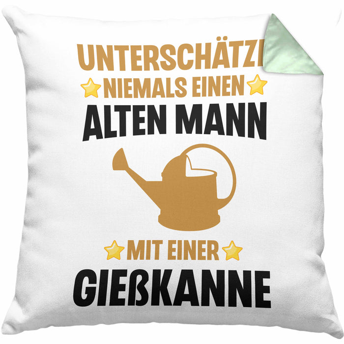Alter Mann Gärtner Kissen mit Füllung 40x40 mit Spruch Garten Hobbygärtner Geschenk Lustig (Grau) Grün Trendation
