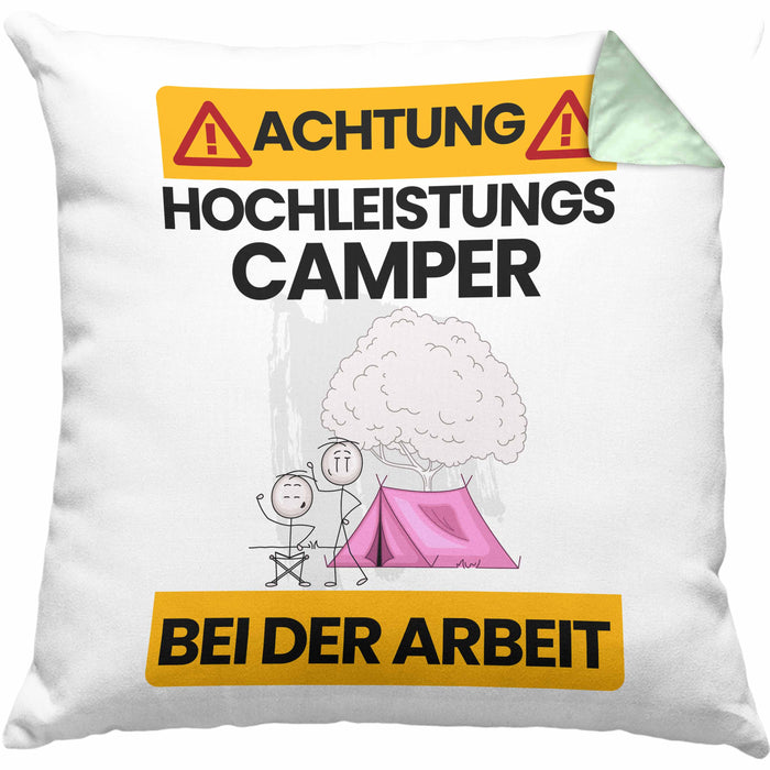 Camper Kissen mit Füllung 40x40 Geschenk Lustiger Spruch Geschenkidee für Camper Achtung Hochleistungs Camper Bei Der Arbeit (Grau) Grün Trendation