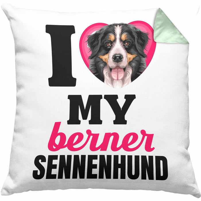 Berner Sennen Besitzerin Kissen mit Füllung 40x40 Geschenk Lustiger Spruch Geschenkidee I Love My Berner Sennen (Grau) Grün Trendation