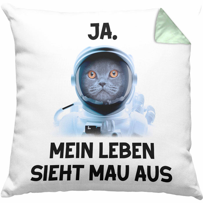 Dank Meme Kissen mit Füllung 40x40 Katzen Besitzer Wortspiel Ja Mein Leben Sieht Mau Aus Traurige Katze Geschenkidee Süße Katze Astronaut (Grau) Grün Trendation