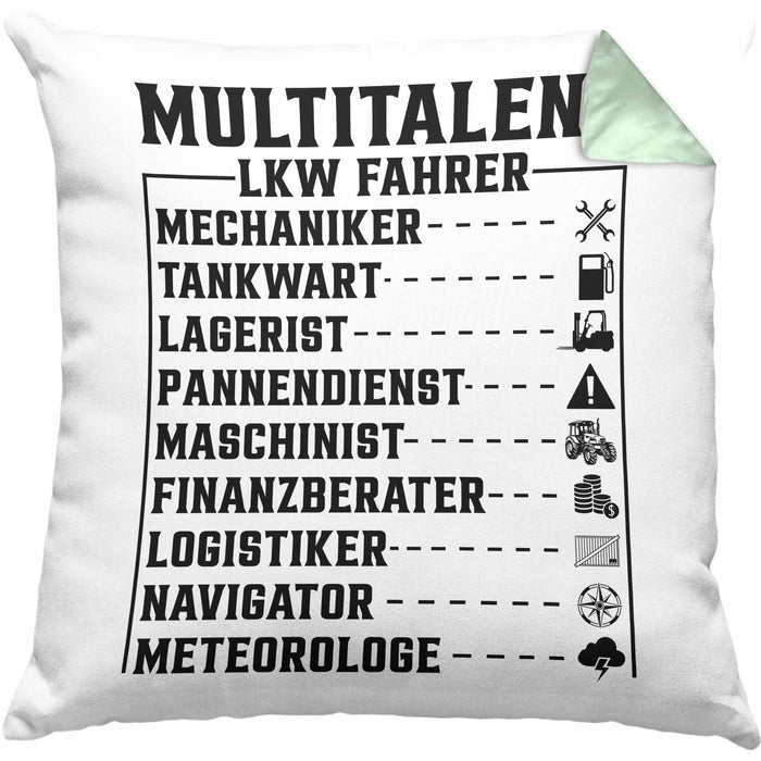 LKW Fahrer Kissen mit Füllung 40x40 Geschenk Multitalent Lustiger Spruch Lastkraftwagenfahrer (Grau) Grün Trendation