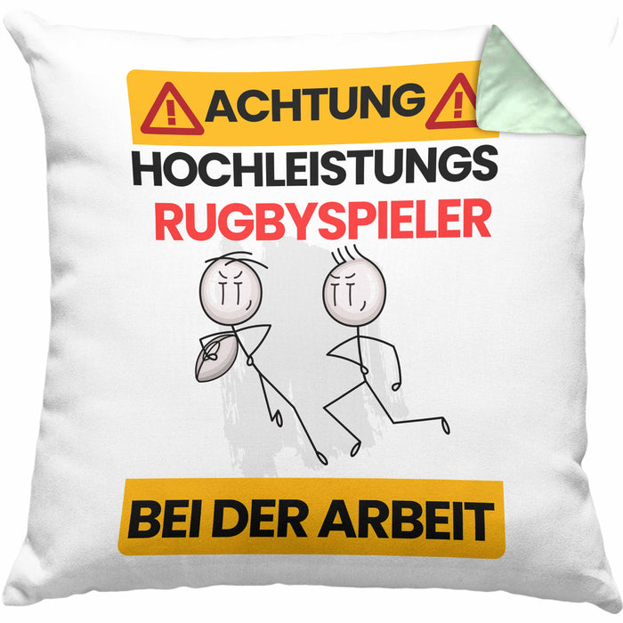Rugbyspieler Kissen mit Füllung 40x40 Geschenk Lustiger Spruch Geschenkidee für Rugbyspieler Achtung Hochleistungs Rugbyspieler Bei Der Arbeit (Grau) Grün Trendation