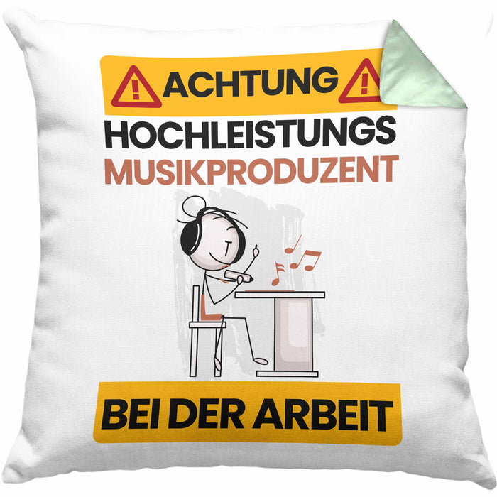 Musikproduzent Kissen mit Füllung 40x40 Geschenk Lustiger Spruch Geschenkidee für Musikproduzent Achtung Hochleistungs Musikproduzent Bei Der Arbeit (Grau) Grün Trendation