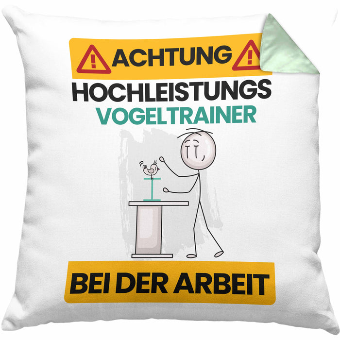 Vogeltrainer Kissen mit Füllung 40x40 Geschenk Lustiger Spruch Geschenkidee für Vogeltrainer Achtung Hochleistungs Vogeltrainer Bei Der Arbeit (Grau) Grün Trendation