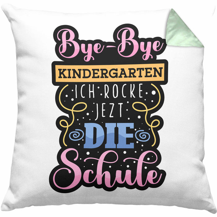 Einschulung Kissen mit Füllung 40x40 "Bye-Bye Kindergarten, Ich rocke jetzt die Schule" Geschenk für Schulanfänger (Grau) Grün Trendation