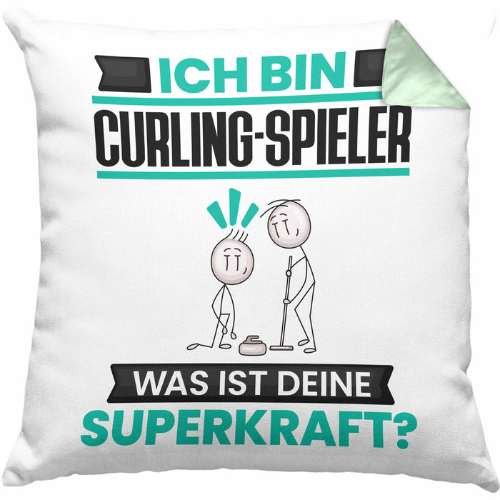 Curling-Spieler Kissen mit Füllung 40x40 Geschenk für Curling-Spieler Geburtstag Lustiger Spruch Was Ist Deine Superkraft (Grau) Grün Trendation