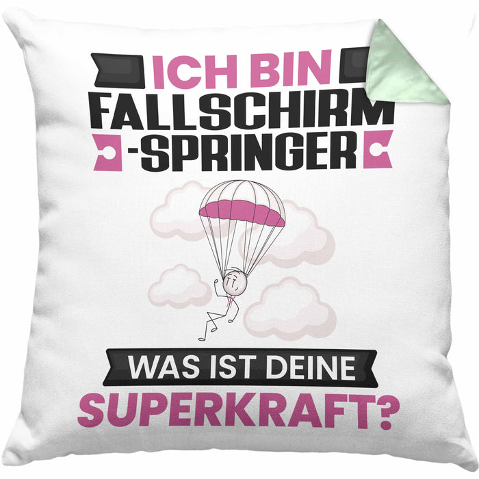Fallschirmspringer Kissen mit Füllung 40x40 Geschenk für Fallschirmspringer Geburtstag Lustiger Spruch Was Ist Deine Superkraft (Grau) Grün Trendation