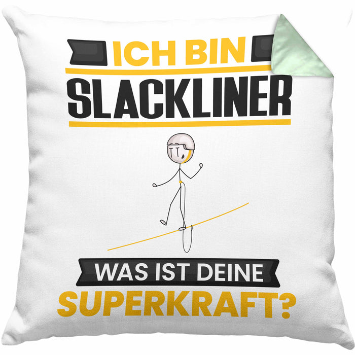 Slackliner Kissen mit Füllung 40x40 Geschenk für Slackliner Geburtstag Lustiger Spruch Was Ist Deine Superkraft (Grau) Grün Trendation