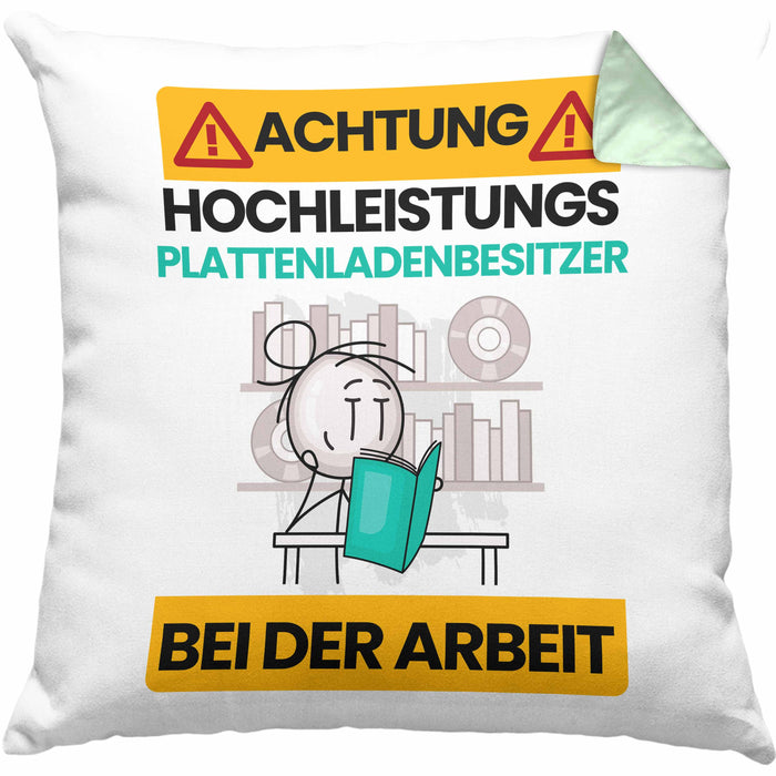 Plattenladenbesitzer Kissen mit Füllung 40x40 Geschenk Lustiger Spruch Geschenkidee für Plattenladenbesitzer Achtung Hochleistungs Plattenladenbesitzer Bei Der Arbeit (Grau) Grün Trendation