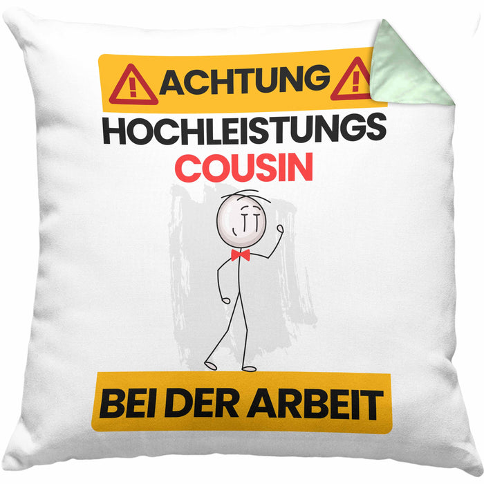Cousin Kissen mit Füllung 40x40 Geschenk Lustiger Spruch Geschenkidee für Cousin Achtung Hochleistungs Cousin Bei Der Arbeit (Grau) Grün Trendation