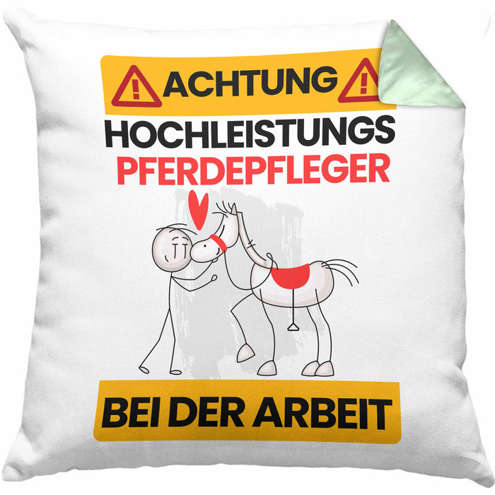 Pferdepfleger Kissen mit Füllung 40x40 Geschenk Lustiger Spruch Geschenkidee für Pferdepfleger Achtung Hochleistungs Pferdepfleger Bei Der Arbeit (Grau) Grün Trendation