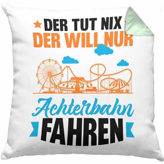 Achterbahn Kissen mit Füllung 40x40 Geschenk Der Tut Nix Der Will Nur Achterbahn Fahren Geschenkidee Erlebnispark (Grau) Grün Trendation