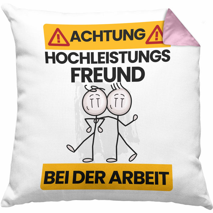 Freund Kissen mit Füllung 40x40 Geschenk Lustiger Spruch Geschenkidee für Freund Achtung Hochleistungs Freund Bei Der Arbeit (Grau) Rosa Trendation