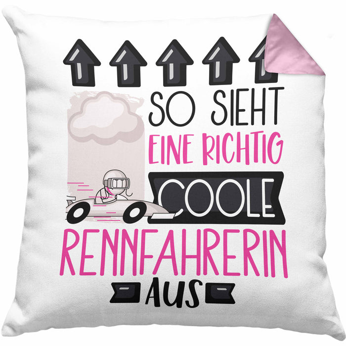 Rennfahrerin Geschenk Kissen mit Füllung 40x40 Lustig Geschenkidee für Rennfahrerin Geburtstag So Sieht Eine Richtig Coole Rennfahrerin Aus Frauen Spruch (Grau) Rosa Trendation