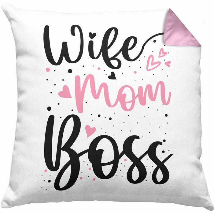 Wife Mom Boss Kissen mit Füllung 40x40 Geschenk Mutter Mama zum Muttertag Muttertagsgeschenk (Grau) Rosa Trendation