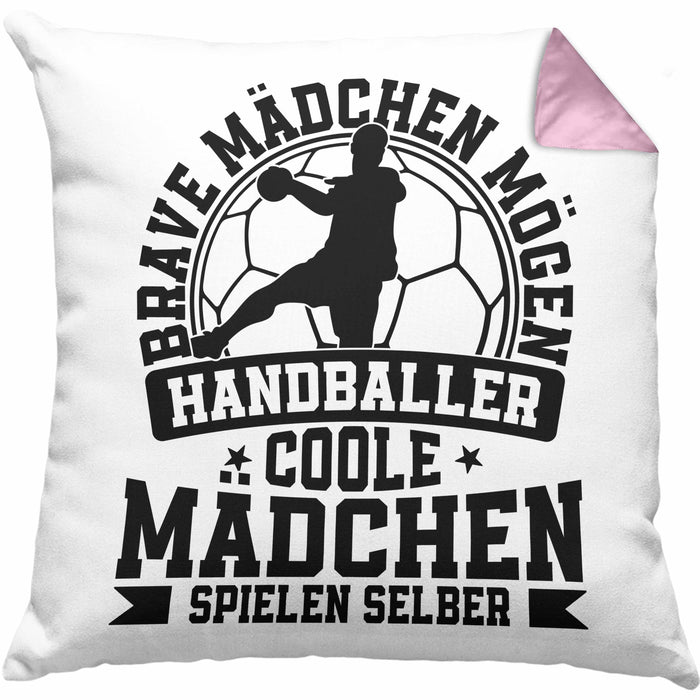 Mädchen Handball-Spielerin Kissen mit Füllung 40x40 Geschenk Spruch Echte Mädchen Spielen Handball Geschenkidee Frauen Brave Mädchen Mögen Handballer (Grau) Rosa Trendation