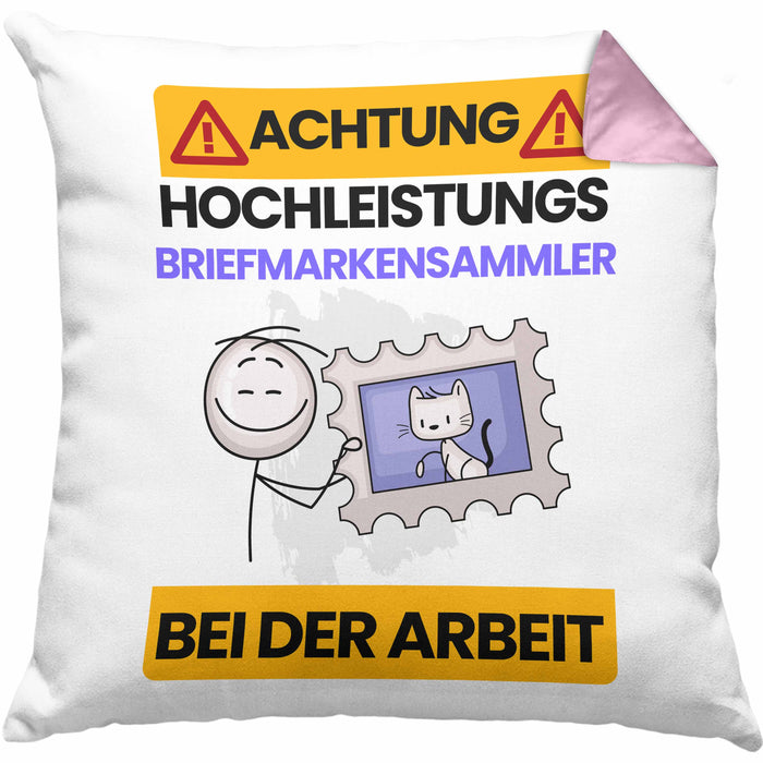 Briefmarkensammler Kissen mit Füllung 40x40 Geschenk Lustiger Spruch Geschenkidee für Briefmarkensammler Achtung Hochleistungs Briefmarkensammler Bei Der Arbeit (Grau) Rosa Trendation