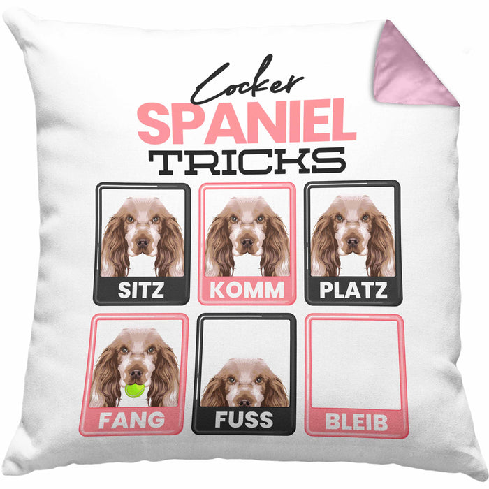 Cocker Spaniel Besitzer Kissen mit Füllung 40x40 Geschenk Lustiger Spruch Geschenkidee Cocker Spaniel Tricks Bleib (Grau) Rosa Trendation
