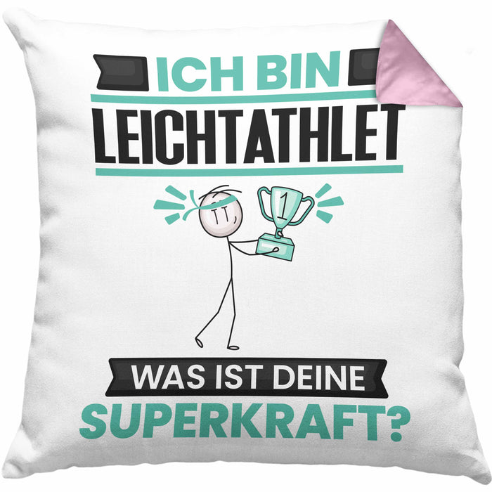 Leichtathlet Kissen mit Füllung 40x40 Geschenk für Leichtathlet Geburtstag Lustiger Spruch Was Ist Deine Superkraft (Grau) Rosa Trendation
