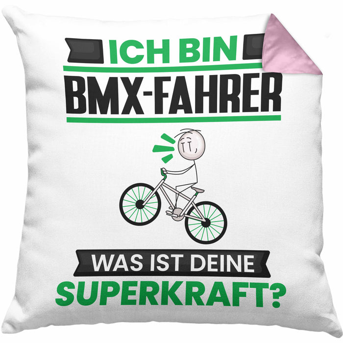 BMX-Fahrer Kissen mit Füllung 40x40 Geschenk für BMX-Fahrer Geburtstag Lustiger Spruch Was Ist Deine Superkraft (Grau) Rosa Trendation