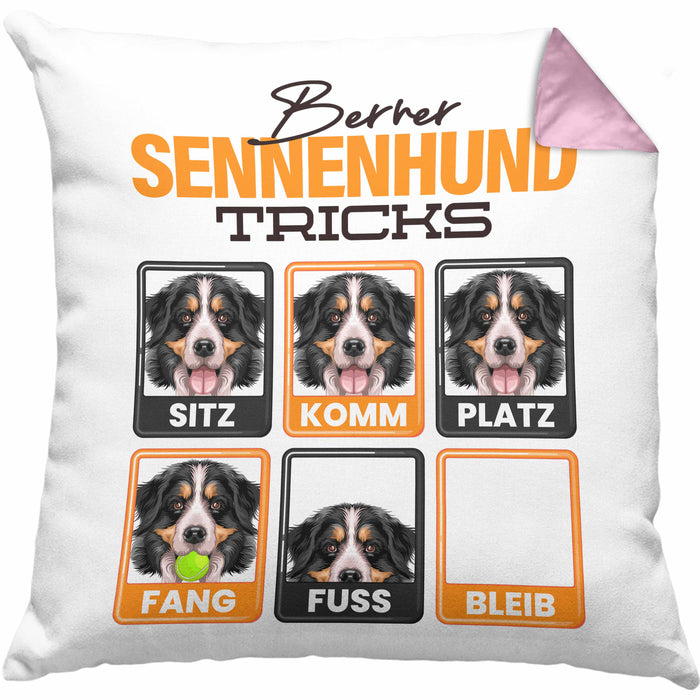Berner Sennen Besitzer Kissen mit Füllung 40x40 Geschenk Lustiger Spruch Geschenkidee Berner Sennen Tricks Bleib (Grau) Rosa Trendation