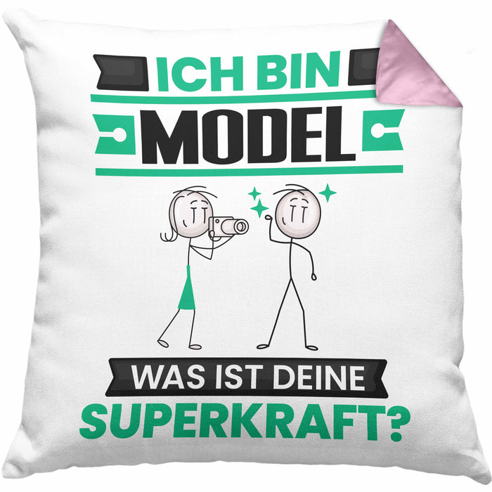 Model Kissen mit Füllung 40x40 Geschenk für Model Geburtstag Lustiger Spruch Was Ist Deine Superkraft (Grau) Rosa Trendation